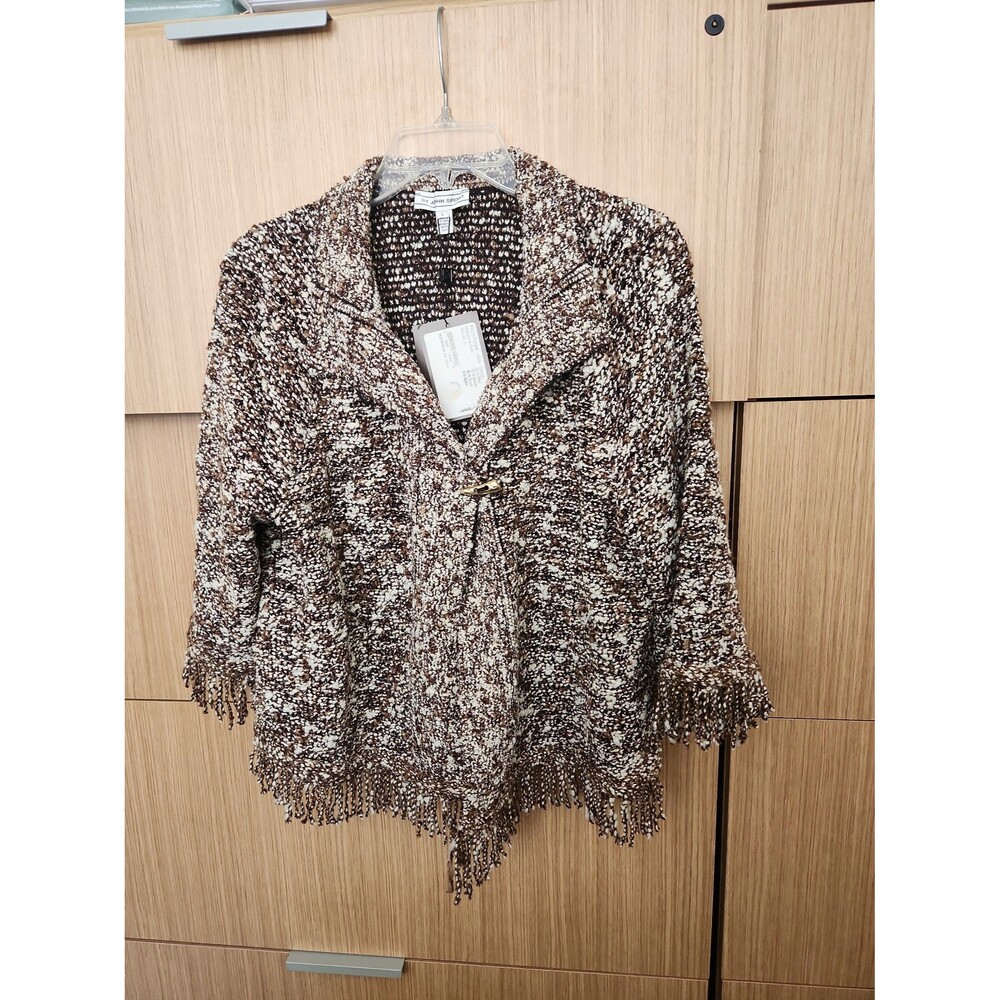 St. John Sport Brown & Tan Cardigan w/ Textured Knit & Fringe Hem Size L NWT
